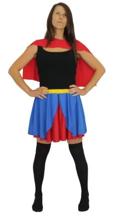 Ladies Super Babe 15" Skater Skirt & Cape Superhero Heroine Fancy Dress Set