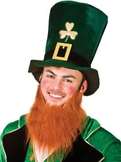 Irish Leprechaun St. Patricks Day Green Velvet Top Hat With Ginger Beard Fancy Dress