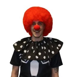 Black & White Polka Dot Clown Collar With Red Afro & Sponge Clown Nose