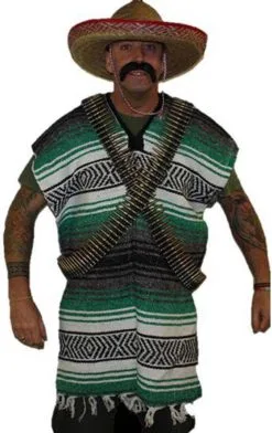 Adults Authentic Green & White Mexican Bandit Poncho Gringo Fancy Dress Set