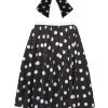 Ladies 22" Black & White Polka Dot Rock & Roll Skirt & Necktie Fancy Dress