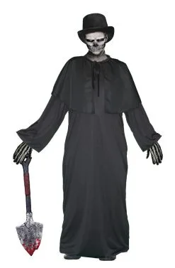 Adults Creepy Grave Digger Halloween Robes Cape Top Hat & Face Paint Fancy Dress Set