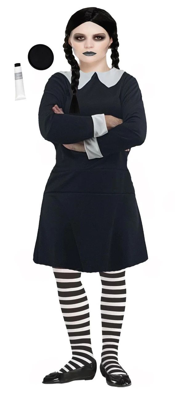 Adults Gothic Family Girl Dress, Socks & Facepaint Halloween Movie Fancy Dress Costume 1 Adults Gothic Family Girl Dress, Socks & Facepaint Halloween Movie Fancy Dress Costume