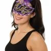 Purple Black & Gold Eye Mask With Tall Feather & Stone Masquerade Fancy Dress