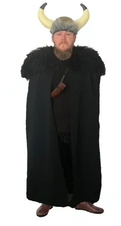60" Black Viking Norse Medieval Cape With Faux Fur Trim Collar & Horned Hat [One Size]