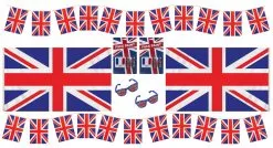 King Charles III Coronation 2x 5ftx3ft Union Jack Flag 2x 4 Metre (11 Flags) Bunting 2x GB Sunglasses 2x UK Face Paint United Kingdom Themed Coronation 8 Piece Garden Party Pack
