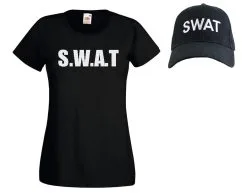 Womens Black SWAT Police Riot Team Special Forces Squad Cap & T-Shirt Set