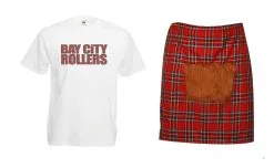 Mens 1970s Bay City Rollers T-Shirt & Red Tartan Kilt Rock Pop Fancy Dress