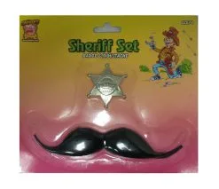 Childrens Western Sheriff Cowboy Badge & Moustache Kids Fancy Dress Set