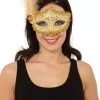Gold Braided Eye Mask With Tall Feather & Stone Masquerade Fancy Dress