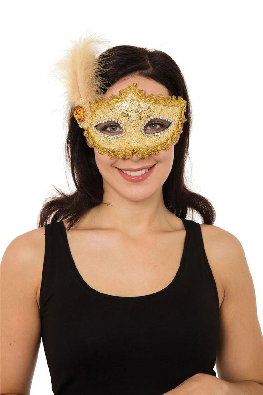Gold Braided Eye Mask With Tall Feather & Stone Masquerade Fancy Dress 1 Gold Braided Eye Mask With Tall Feather & Stone Masquerade Fancy Dress