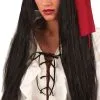 Long Black Pirate Caribbean Fancy Dress Ladies Costume Wig