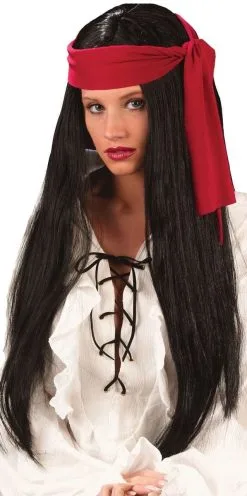Long Black Pirate Caribbean Fancy Dress Ladies Costume Wig