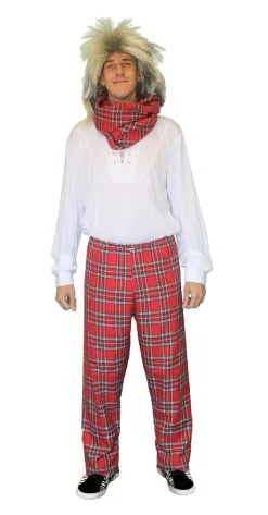 Mens Rock Stewart Red Tartan Trousers & Wig Rock & Roll Fancy Dress Outfit