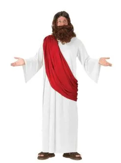 Adults Jesus Fancy Dress Costume Red & White Nativity Dress Up Robes Wig & Beard