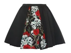 Ladies 15" Skull & Roses Day Of The Dead Halloween Fancy Dress Panel Skirt