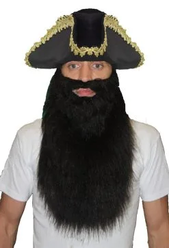 Adults Captain Blackbeard Hat & Beard Pirate Fancy Dress Accessory 2pc Set