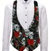 Adults Black Skull & Roses Unisex Backless Waistcoat Fancy Dress Accessory
