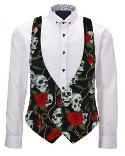 Adults Black Skull & Roses Unisex Backless Waistcoat Fancy Dress Accessory