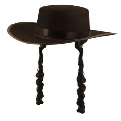 Black Jewish Orthodox Fedora Hat With Hair Mens Stag Fancy Dress Accessory