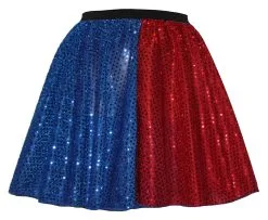 Ladies 15" Sequin Harley Quinn Harlequin Super Villain Fancy Dress Skater Skirt