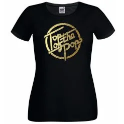 Ladies Black 1970s 80s 90s Top Of The Pops Gold Vinyl Music T-Shirt