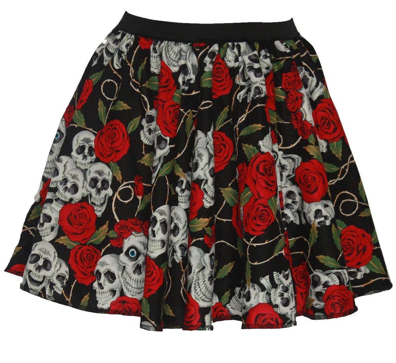 Ladies Halloween 15" Day Of The Dead Skulls & Roses Fancy Dress Skater Skirt 3 Ladies Halloween 15" Day Of The Dead Skulls & Roses Fancy Dress Skater Skirt - Image 3