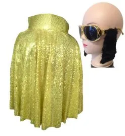 The King Sequin Cape & Kings Crown Glasses Rock N Roll Fancy Dress Set