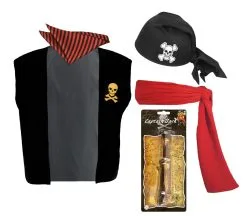 Adults Red & Black Stripe Pirate Fancy Dress Golden Skull Waistcoat & Bandanna